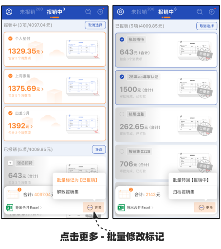 批量将报销集转回报销中状态示意图